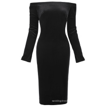 Kate Kasin Women's Long Sleeve Off Shoulder Hips-Wrapped Black Velvet Bodycon Pencil Dress KK000500-1